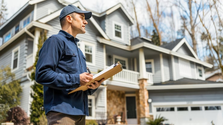 Real estate investor walking through an empty house with a notebook inspecting damaged drywall and checking structural elements Real estate investor walking through an empty house with a notebook inspecting damaged drywall and checking structural elements